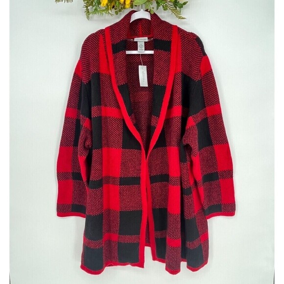 Catherines Cardigan Jacket Womens 3X Red Black Plaid Knit Open Front Collar - Picture 1 of 5